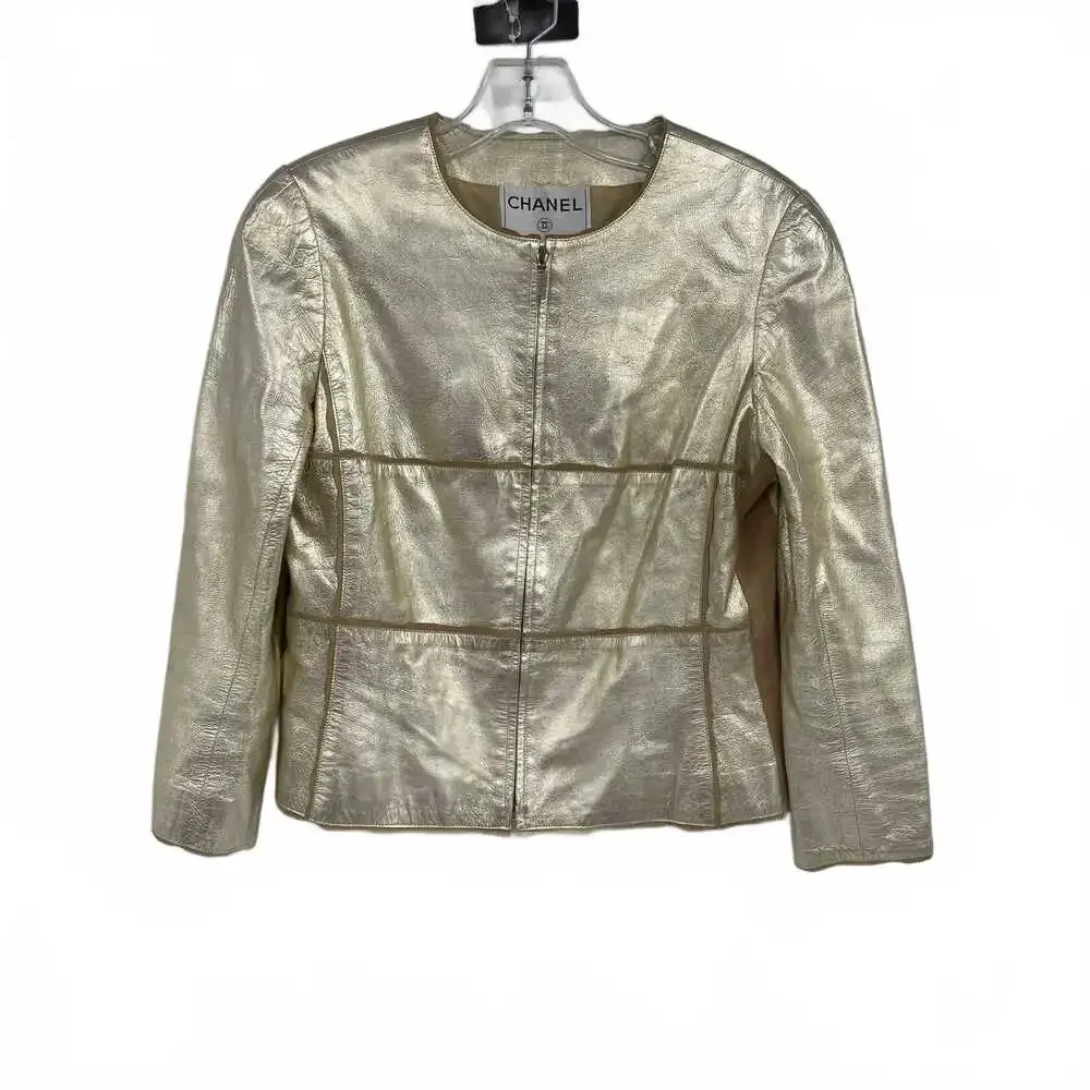 CHANEL Leather 2000’s Zip Up Jacket | Gold, Size S, Made in France
